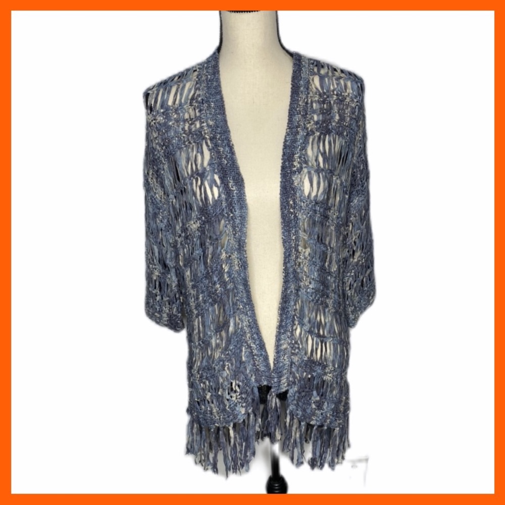 Chico’s Blue Loose Weave Fringed Jacket/Duster SzM